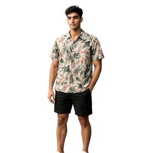 Lucky Brand Mens Hawaiian Shirt Floral Linen Short Sleeve Tropical Beach Size M